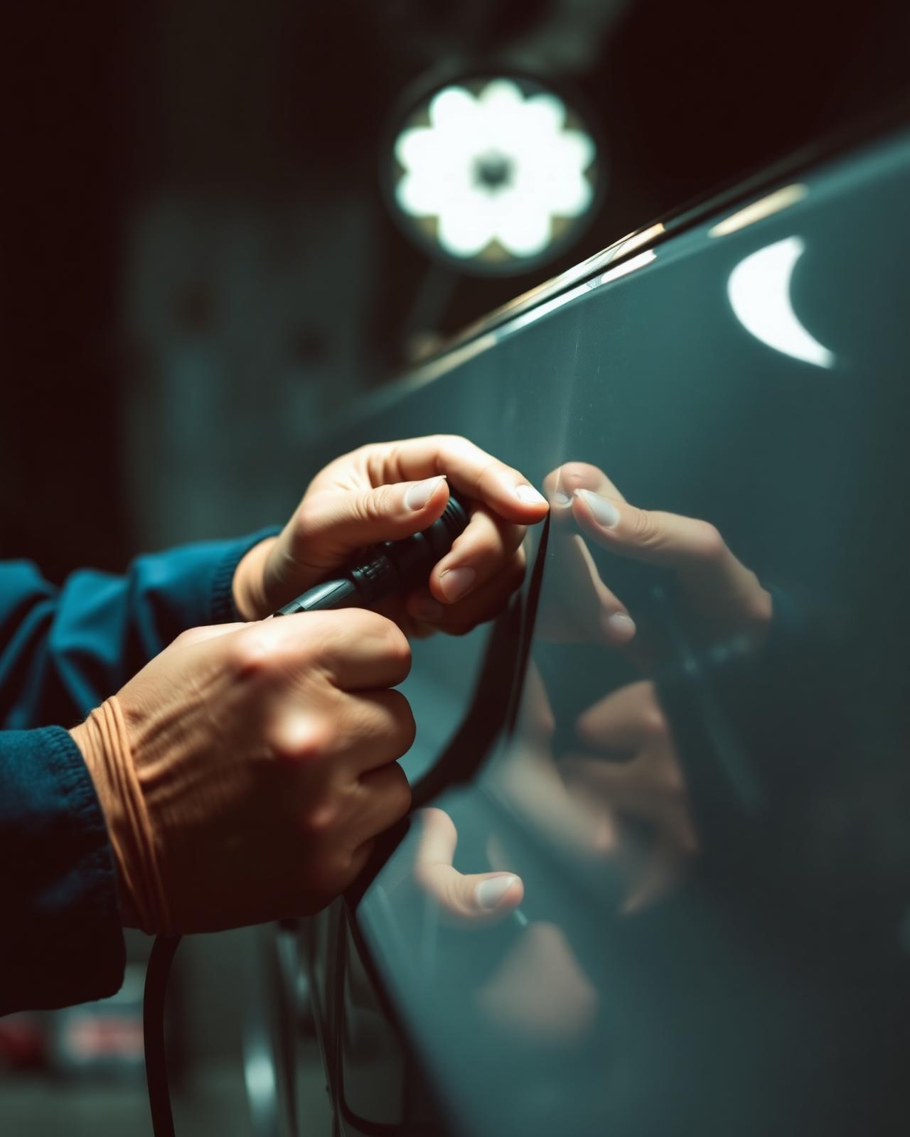 Technician performing paintless dent repair